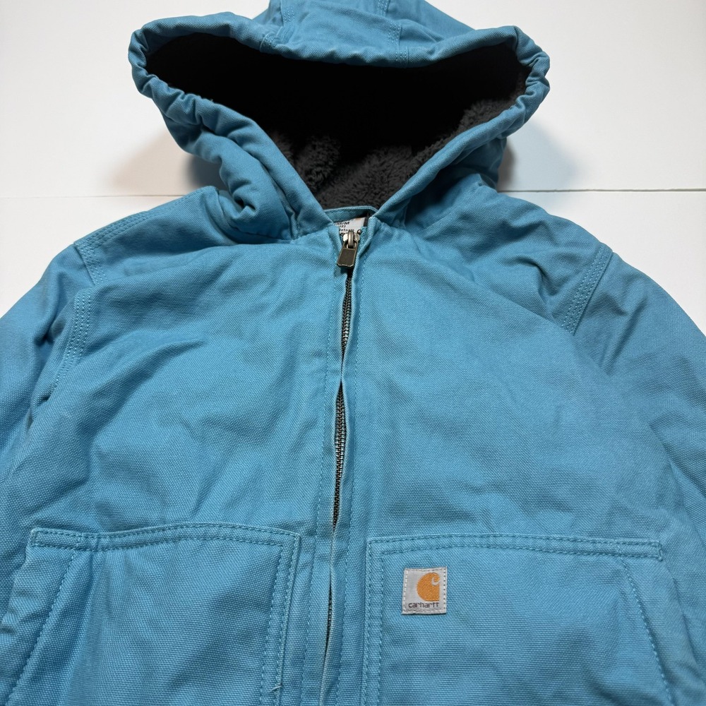 Carhartt Jacket Boys Medium 10-12 Blue Hooded Canvas Fleece Lined Workwear - Picture 3 of 7